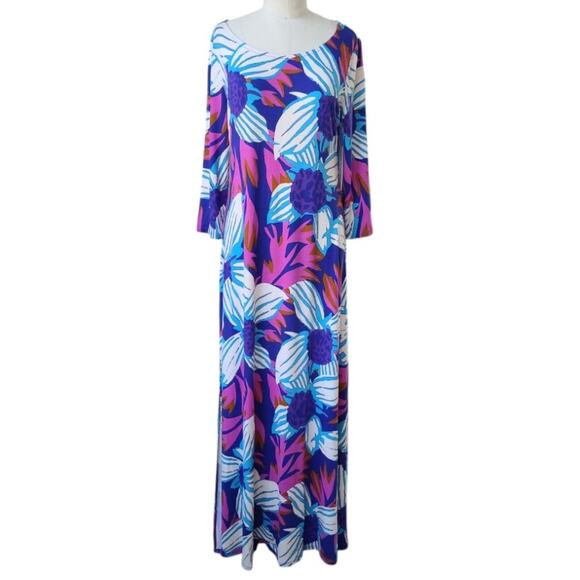 NWT Soft Surroundings Serena Maxi Dress Floral Slits Stretch Size L Blue Multi - Picture 2 of 12